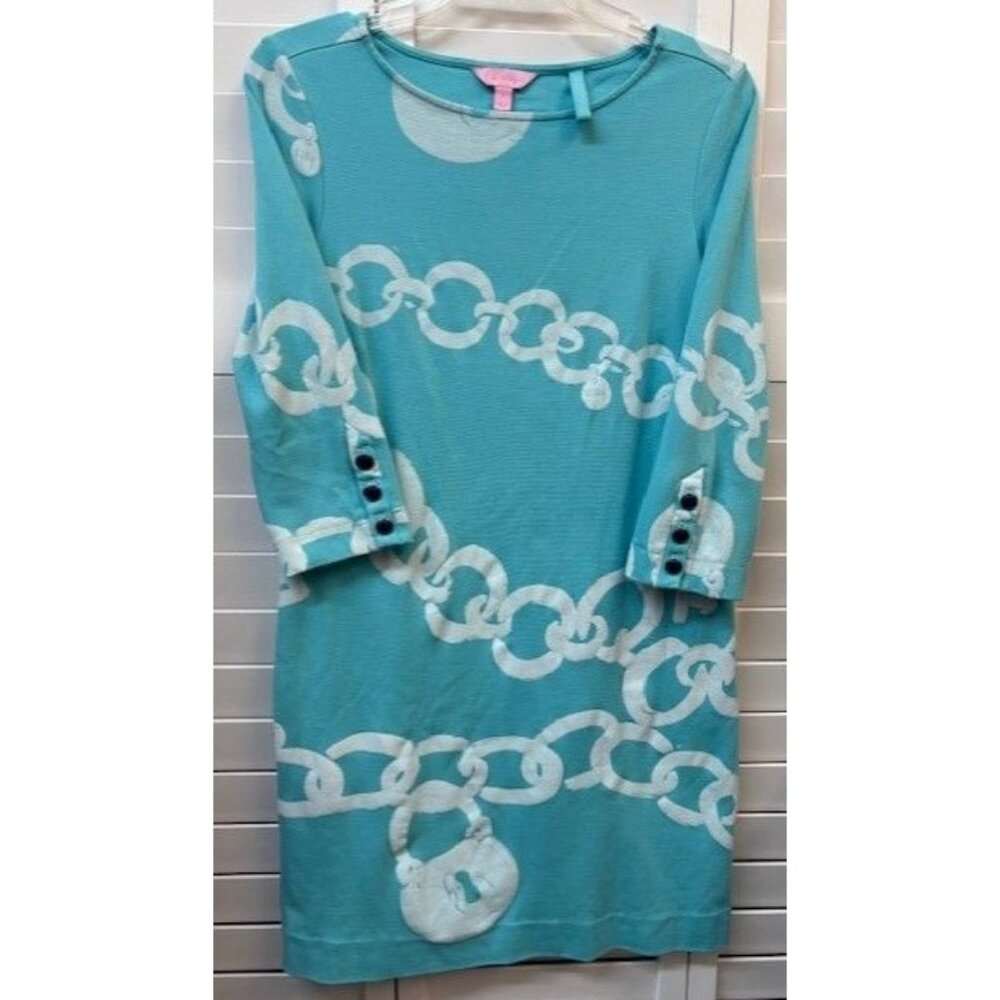 Lilly Pulitzer S Blue Chain Print 3/4 Sleeve Shift Dress Cotton/Spandex Womens C